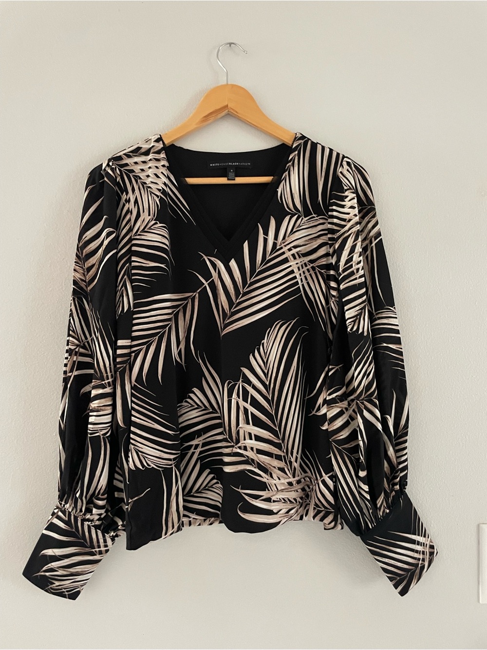 White House Black Market Black Blouse with Cream Palm Motif